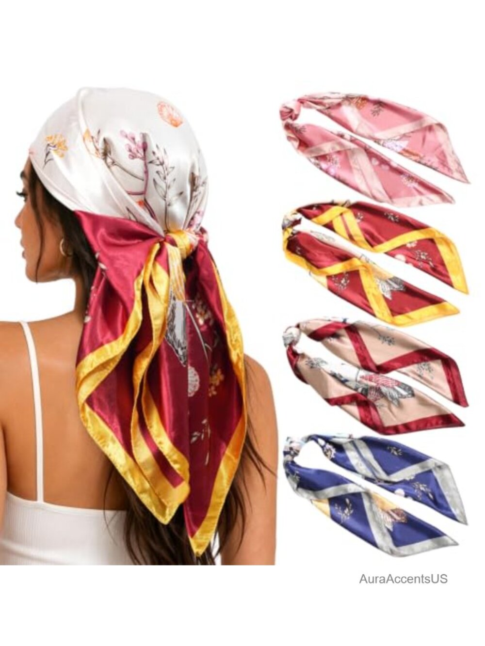 35" Satin Silk-Like Head Scarves 4 Pack Large Square Hair Bandanas